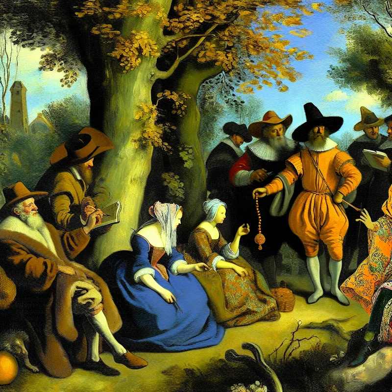 Twee groepen moslims, soennieten en sjiieten, in vredige interactie onder een boom en bij een schrijn, geschilderd in de levendige stijl van Frans Hals