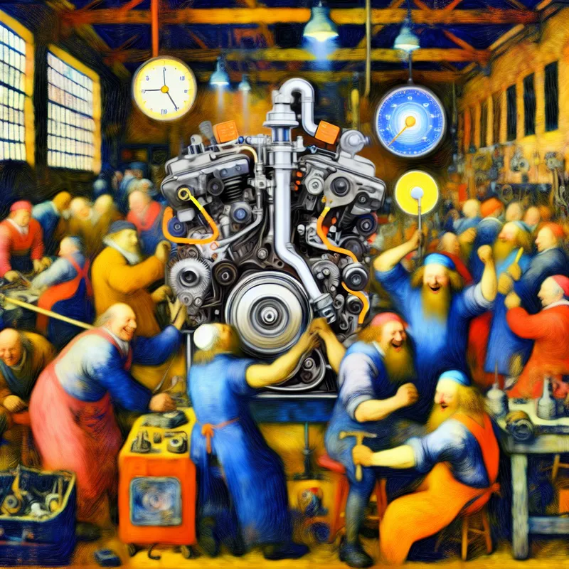 Mechanica kijken tevreden naar soepel werkende motor in werkplaats