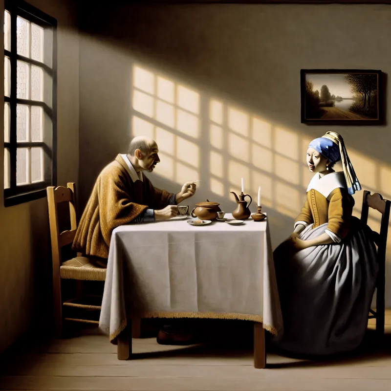 Twee mensen in een rustig gesprek aan een tafel, waarbij de een soepel van onderwerp verandert met een gebaar naar een weerkaart en vakantiefoto's, in de stijl van Vermeer