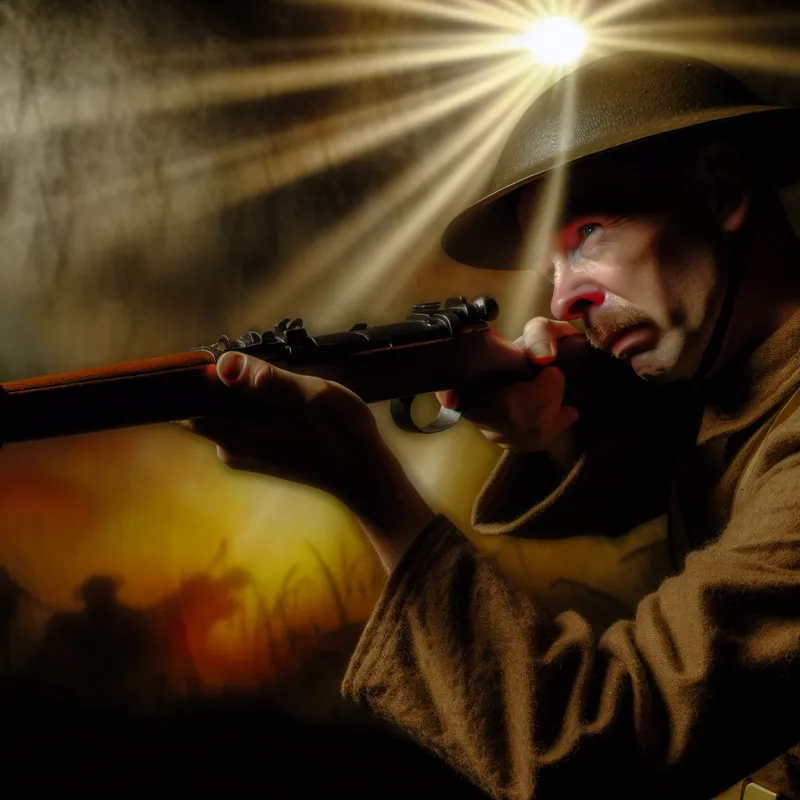 Een soldaat richt met een geweer op een verre doel, waarbij de focus ligt op de loop van het geweer in een dramatische slagveldsetting.