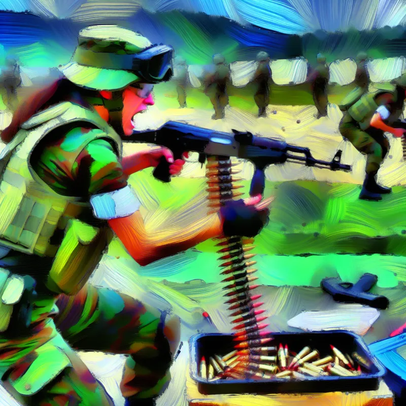 Abstracte voorstelling van een soldaat die kogels in een magazijn laadt in een militaire trainingsomgeving.