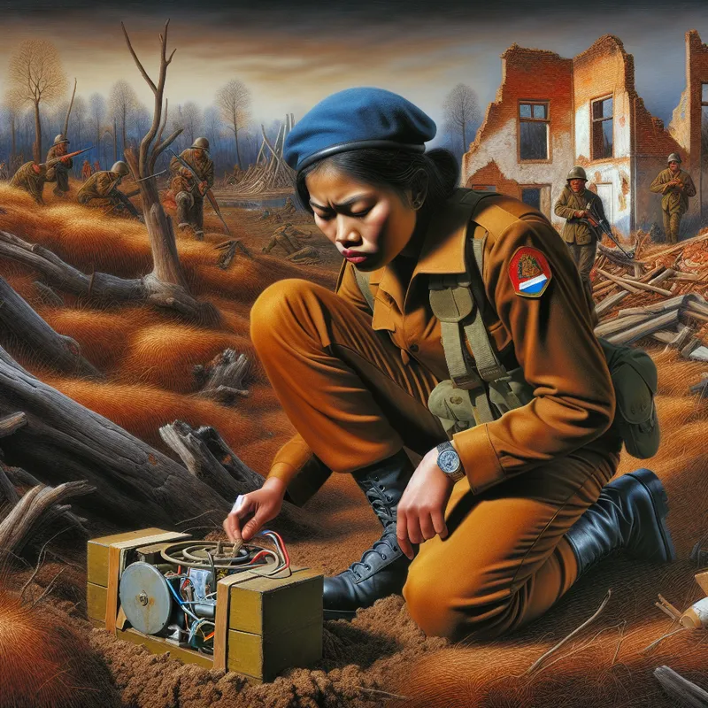 Een soldaat die voorzichtig een landmijn ontmantelt in een oorlogsgebied, omringd door puin.