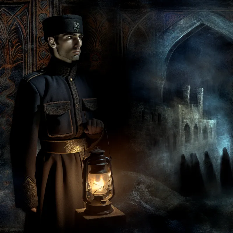 Eenzame soldaat op wacht in donkere, gotische nachtscène met flakkerende lantaarn en mistige uitkijkpost