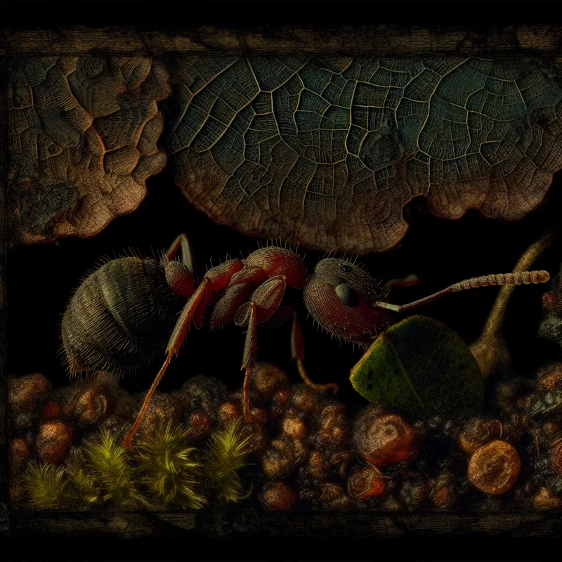 Klein soldaatje-mier met een blad in een mysterieus bos, detailrijke illustratie in donkere stijl