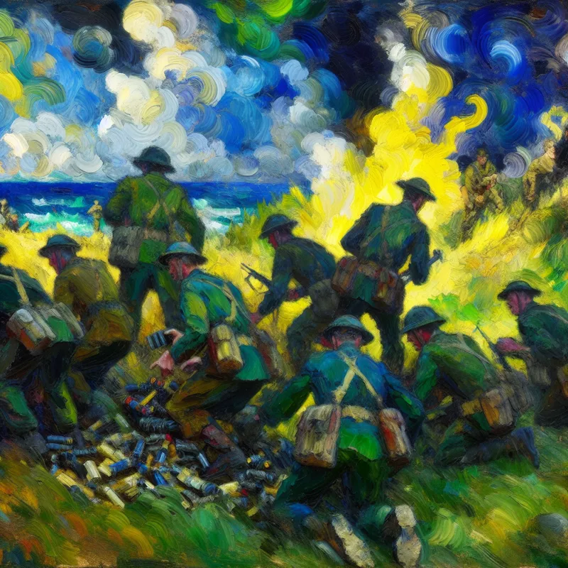 Soldaten plaatsen explosieven in een ruig landschap met dynamische beweging en kleurContrast.