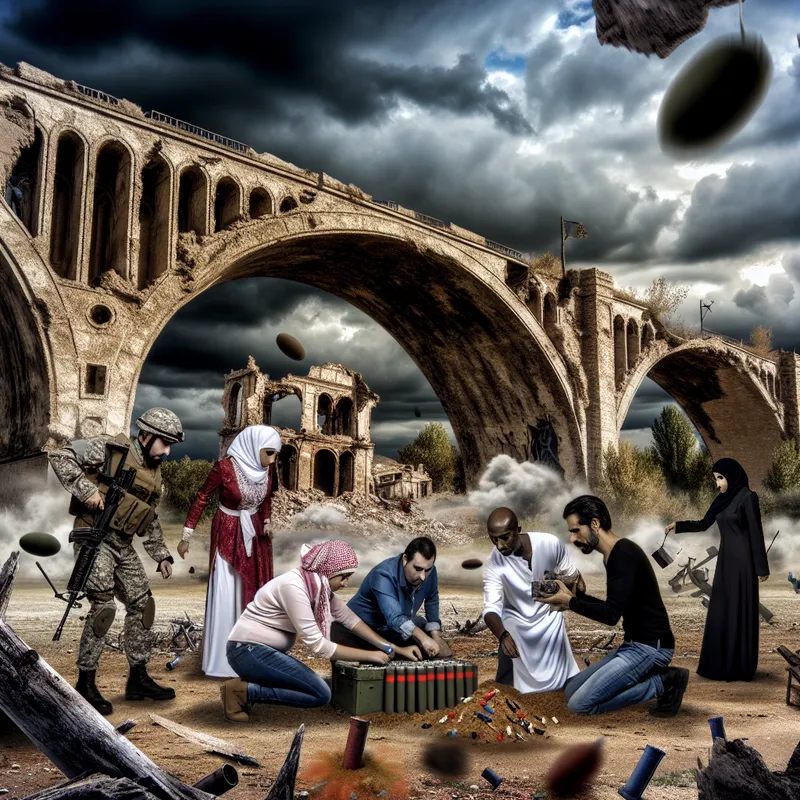 Soldaten plaatsen landmijnen om een vervallen brug in een oorlogsgebied te beveiligen, met een surrealistische lucht op de achtergrond.