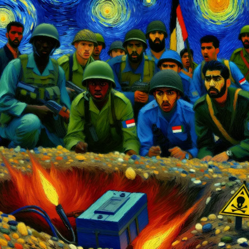 Soldaten navigeren voorzichtig door een oorlogsgebied met een verborgen landmijn in de voorgrond en waarschuwingsborden in felle kleuren.