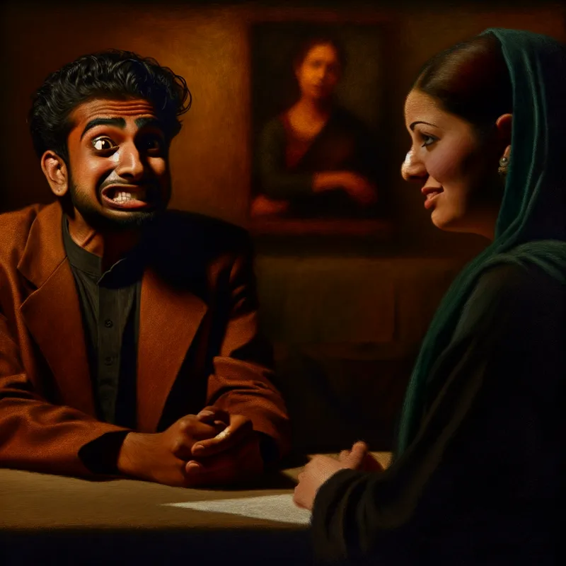 Een kandidaat zit nerveus tegenover een interviewer tijdens een sollicitatiegesprek, met een mix van angst en hoop op zijn gezicht.