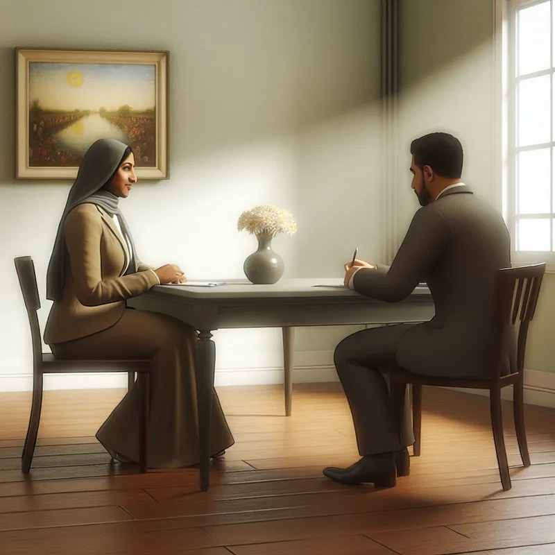 Vrouw in een moderne kantooromgeving tijdens een sollicitatiegesprek met een man in een pak, allemaal verlicht door zacht binnenkomend licht.