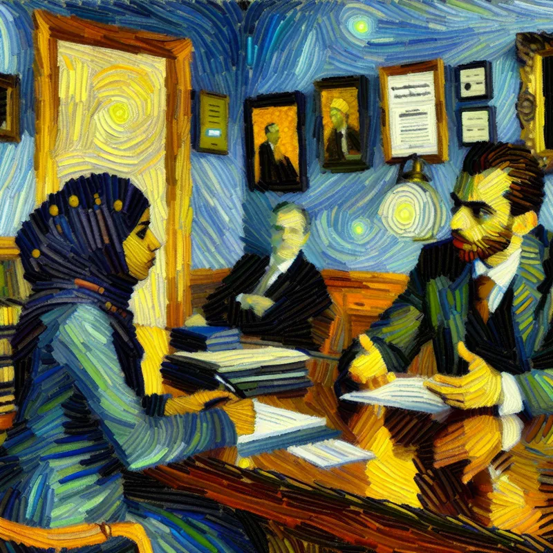 Twee personen in een formeel sollicitatiegesprek aan een houten tafel, geschilderd in de stijl van Vincent van Gogh met expressieve penseelstreken en warme kleuren