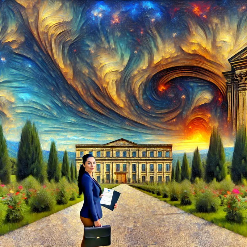 Een zelfverzekerde individu houdt een cv vast voor een groot gebouw dat een prestigieus bedrijf vertegenwoordigt.