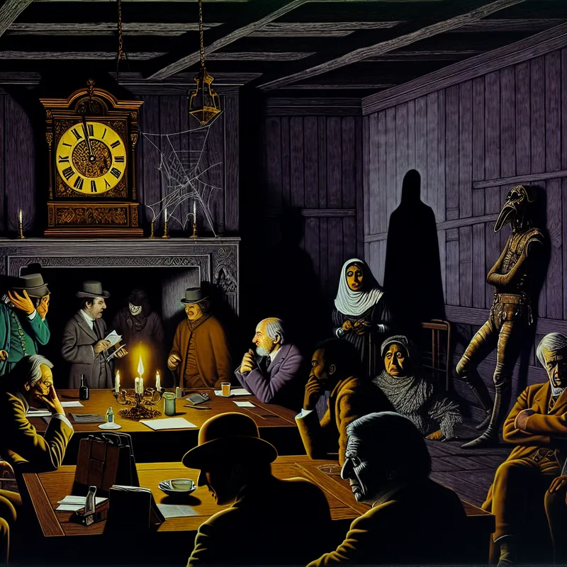 Een sombere scène van een groep mensen in een gotische vergaderruimte. Een figuur in de schaduw houdt een presentatiemap vast en lijkt negeert te worden.