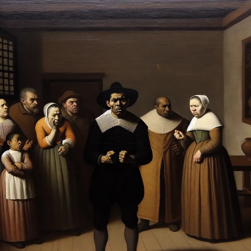 Interieur van een sombere ruimte met een man met een pijnlijke uitdrukking en gekuiste vuisten, omringd door mensen die oordeelkundige blikken werpen.