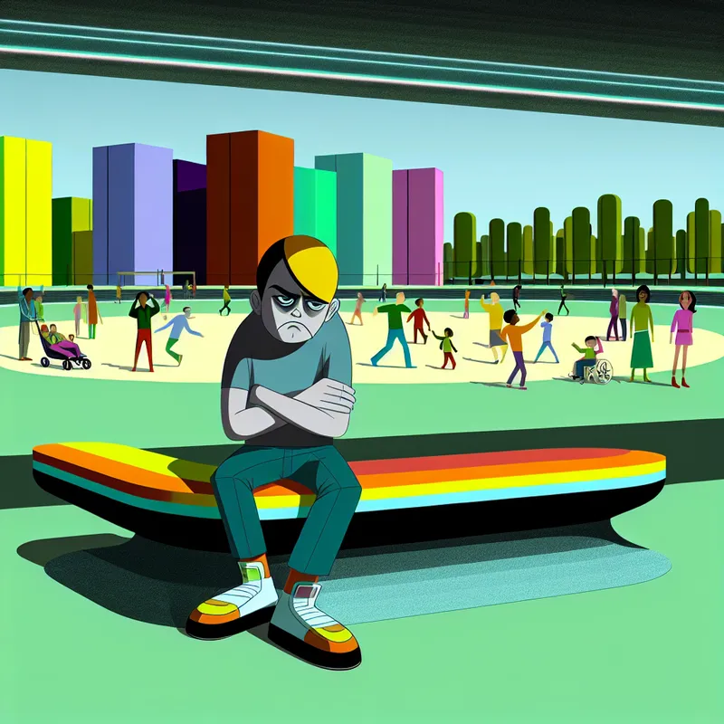 Een sombere jongen zit alleen op een kleurrijke retro-futuristische bank in een modern park.