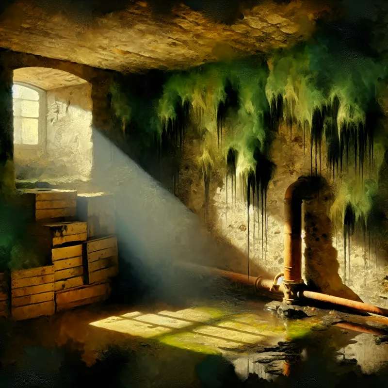 Een sombere, slecht verlichte kelder vol oude spullen en schimmels, met een groene-bruinachtige mist die verval symboliseert.