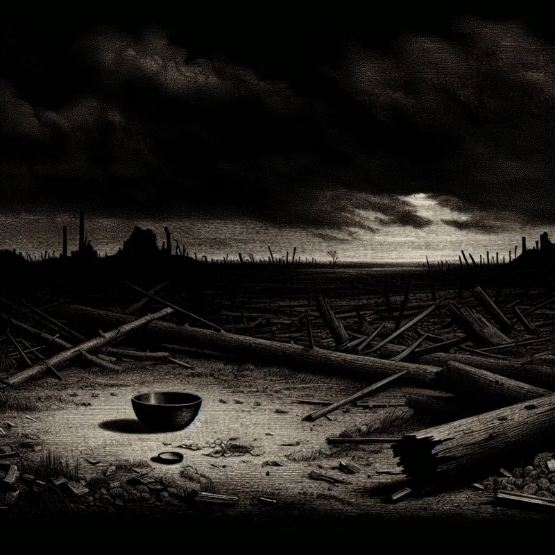 Een somber landschap na een natuurramp met een lege schaal op de grond, symbool voor voedseltekort