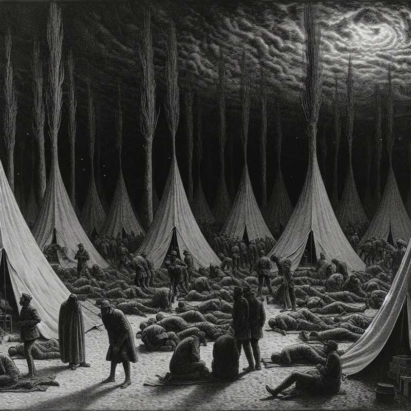 Soldaten oefenen in een somber militair kamp met lange schaduwen van de tenten.