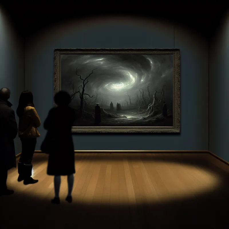 Donkere expositieruimte met een intrigerend schilderij van een somber landschap met donkere wolken en verdraaide bomen