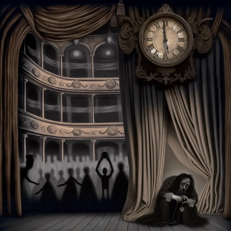 Een sombere theaterscène met een grote klok boven het podium die langzaam loopt, terwijl een performer gedesillusioneerd naar zijn horloge kijkt.