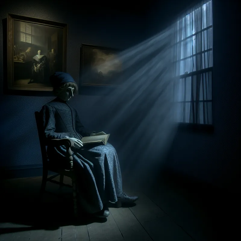 Een figuur zit alleen op een vintage stoel met een boek in een slecht verlichte kamer, met een melancholische uitstraling.