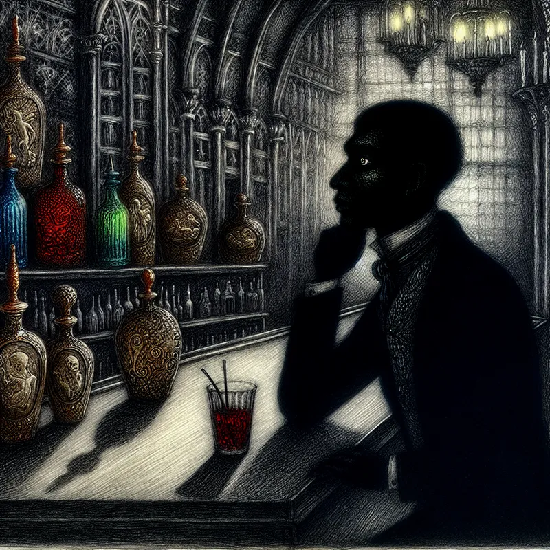 Een sombere man zit aan een houten bar met kleurrijke flessen om zich heen, in een donkere en sfeervolle barsetting.