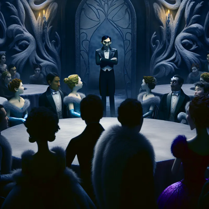 Een sombere ontvangst in een weelderige, maar kil gedecoreerde feestzaal met ongemakkelijke gasten.