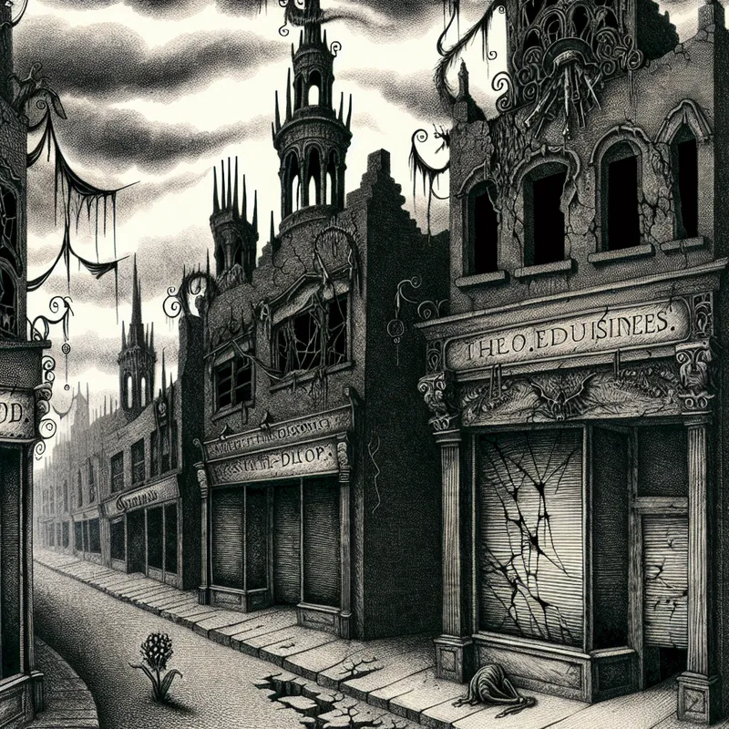 Illustratie van een sombere, verlaten stad met gesloten winkels, gothic architectuur en een verwelkte bloem.