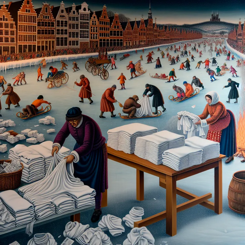 Gedetailleerde wintertafereel met figuren die kleding en papieren sorteren op een houten tafel bij een bevroren kanaal