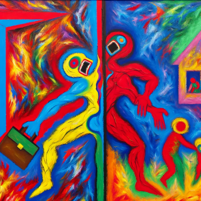 Abstract schilderij van een persoon in spagaat tussen werk en gezin, met felle kleuren en expressieve penseelstreken die een dilemma uitbeelden