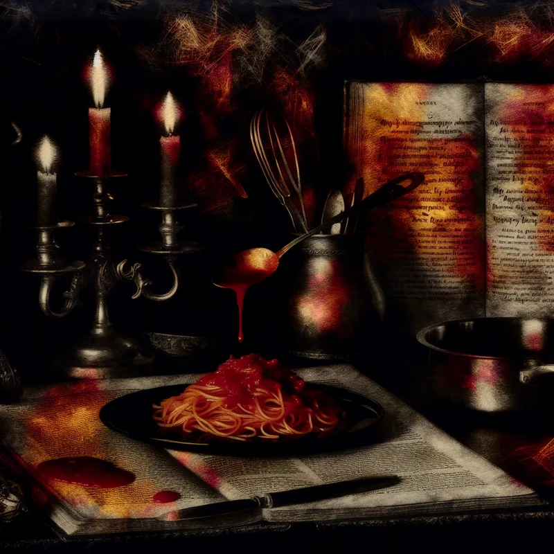 Een moody keuken met een bord spaghetti en rode tomatensaus, omringd door schaduwen van kaarslicht en een open kookboek.