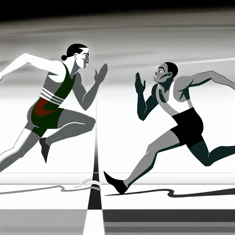 Twee atleten in een spannende wedstrijd, bijna bij de finishlijn in minimalistische Dick Bruna-stijl
