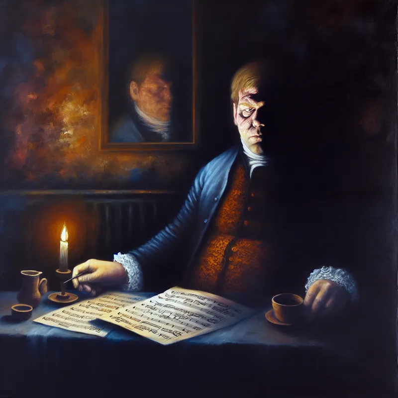 Man met een bedenkelijke uitdrukking in een zwak verlichte kamer, met muzieknoten en een huwelijksuitnodiging op de tafel.