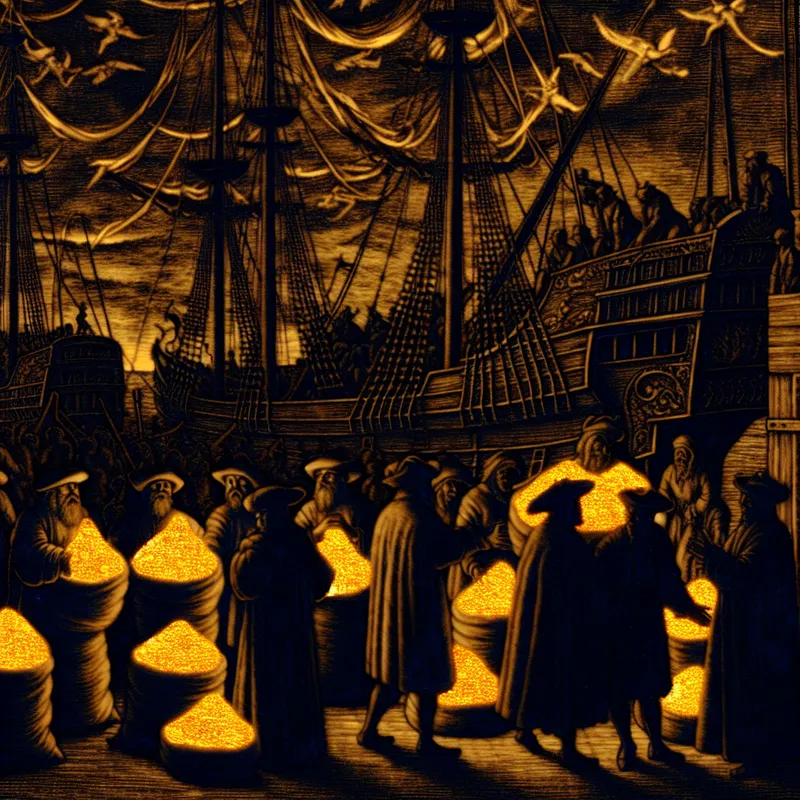 17e-eeuws Nederlands handelsschip in een drukke haven tijdens de Gouden Eeuw, waar matrozen gloeiende specerijen zoals peper, nootmuskaat en kruidnagel lossen, omringd door rijke kooplieden en schimmige figuren die goud en juwelen verhandelen