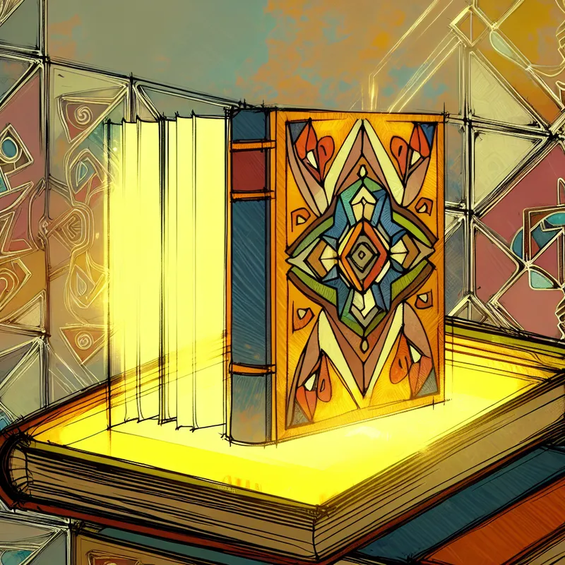 Retro-futuristisch boek met een gloeiende, unieke kaft en gedetailleerde illustraties die uit de pagina's komen, symbool voor iets speciaals of bijzonders