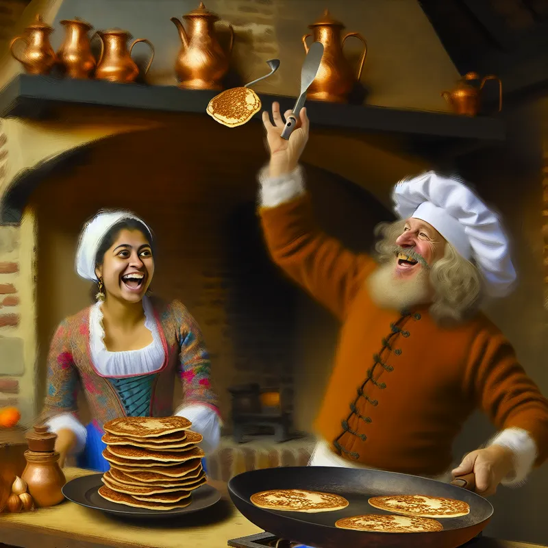 Vrolijke 17e-eeuwse Nederlandse kok die met zorg een stapel goudbruine pannenkoeken bakt voor een glimlachende vrouw in een gezellige keuken