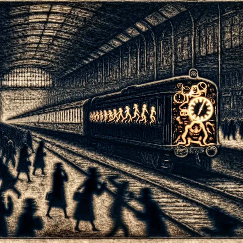 Surrealistisch tafereel van een druk weekendstation met een extra speciale trein die gloeit met etherisch licht, symboliserend iets buiten de normale gang van zaken