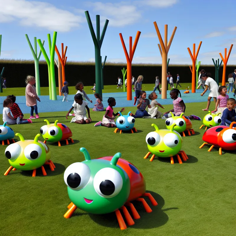 Kinderen spelen met kleurrijke speeltuigjes in een levendige tuin