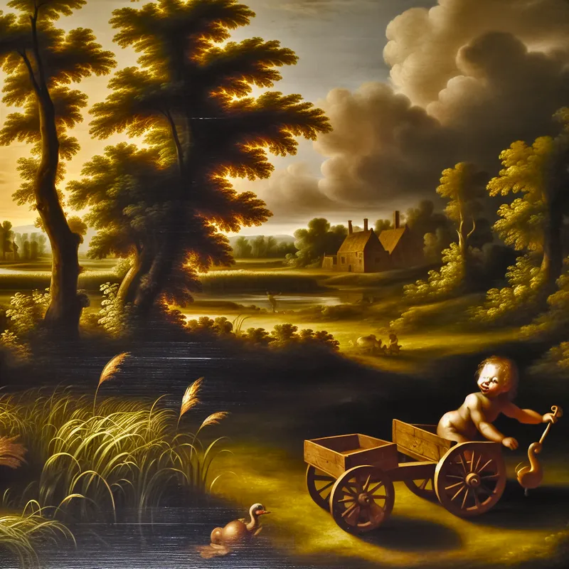 Kind speelt met houten speelgoedkarretje in een serene Nederlandse tuin met dramatische lucht en gouden licht