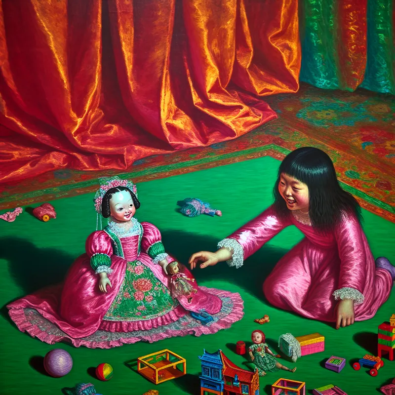 Een jonge meisje speelt vreugdevol met een pop in een levendige kamer vol speelgoed.