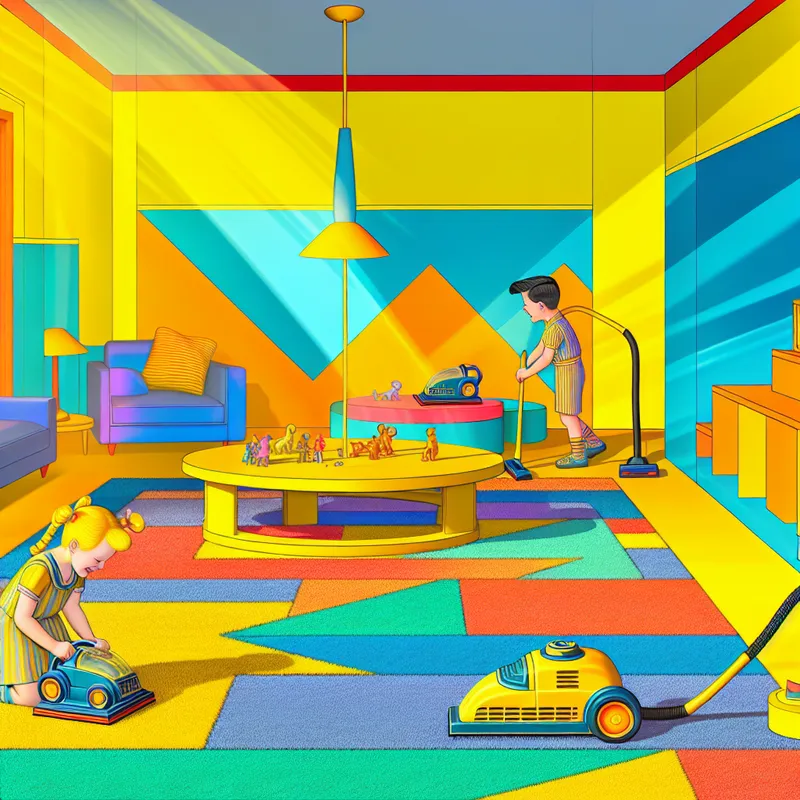 Twee kinderen spelen gelukkig met miniatuur stofzuigers in een vrolijk ingericht retro-futuristisch woonkamer