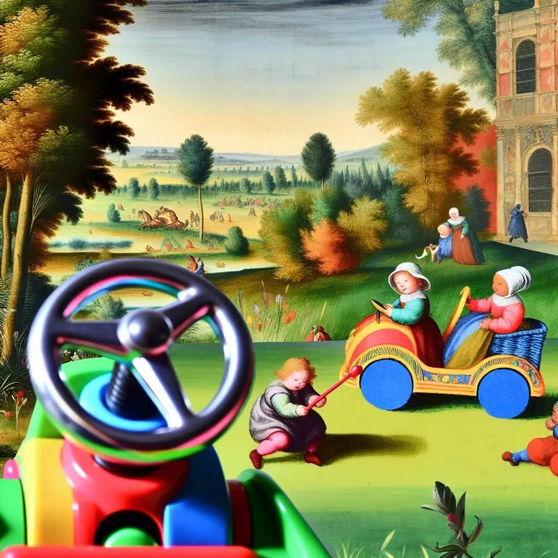 Kinderen spelen met een kleurrijke speelgoedauto met een klein stuur in een levendige parksetting