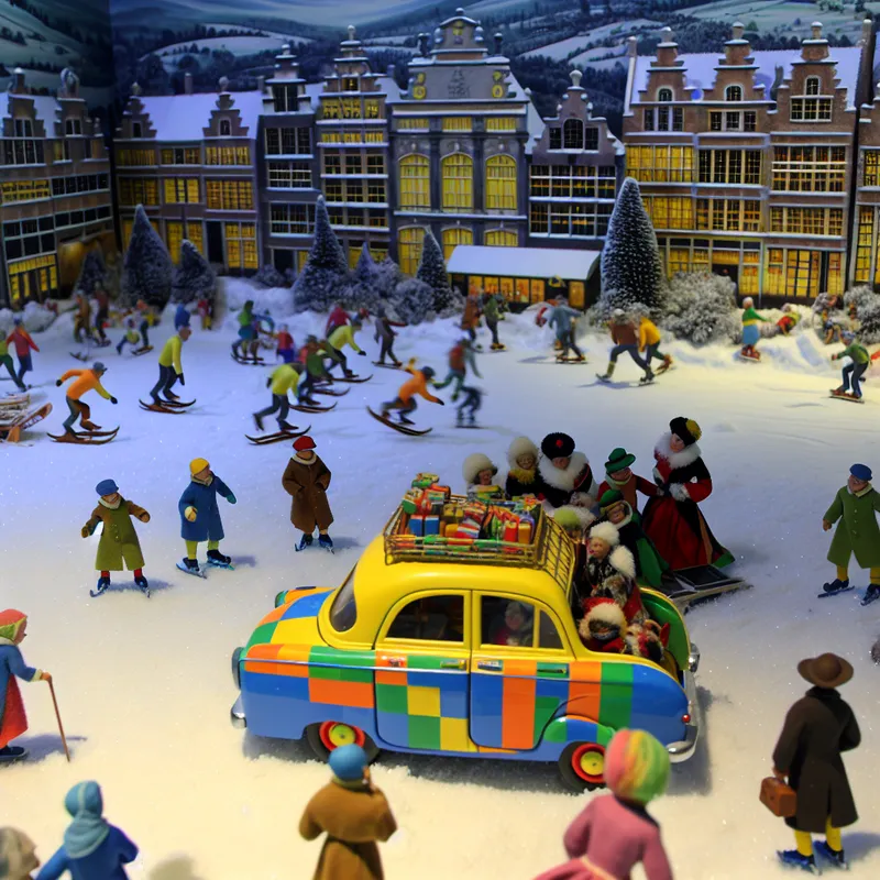 Kinderen spelen vrolijk met een kleurrijk speelgoedtaxietje in een besneeuwd dorp, winterse sfeer in de stijl van Hendrick Avercamp