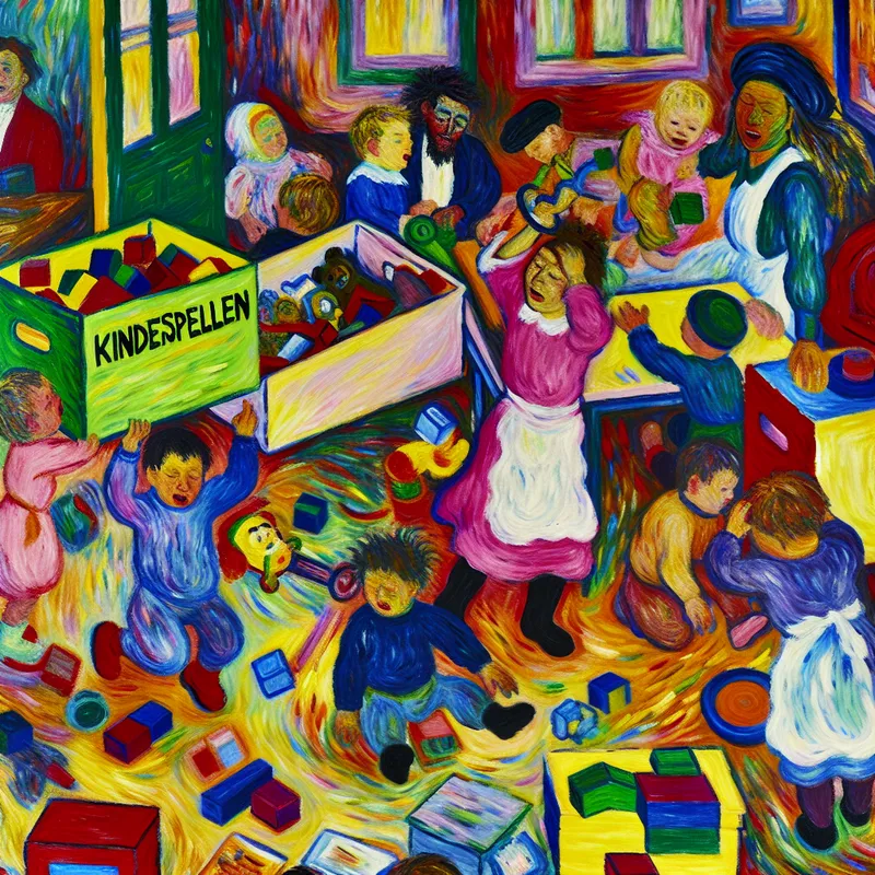 Een levendige speelkamer met kinderen die spelen met kleurrijk speelgoed en een verzorger die een doos met 'kinderspellen' optilt.