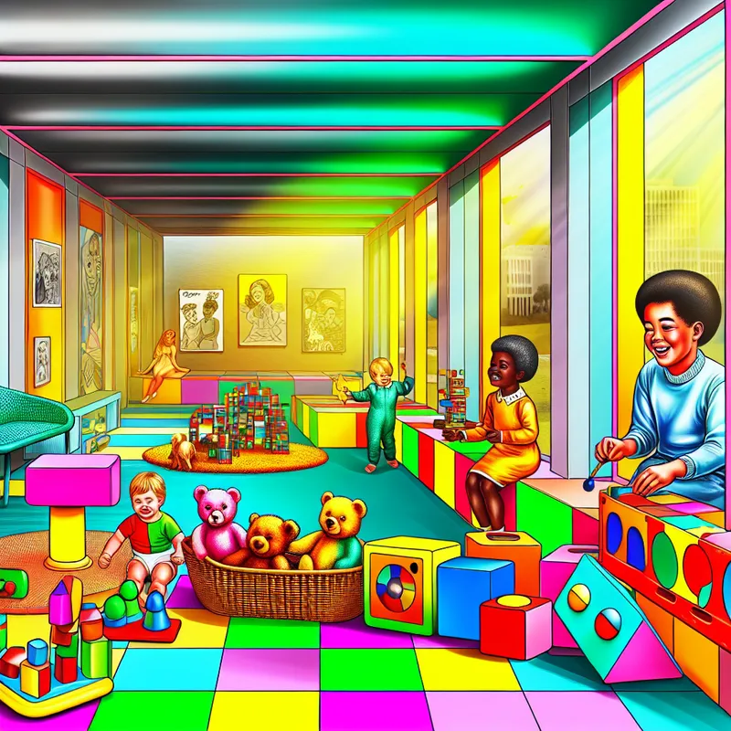 Een moderne, levendige speelkamer vol kleurrijk speelgoed zoals pluche dieren, blokken en puzzels, waarin kinderen vrolijk spelen.