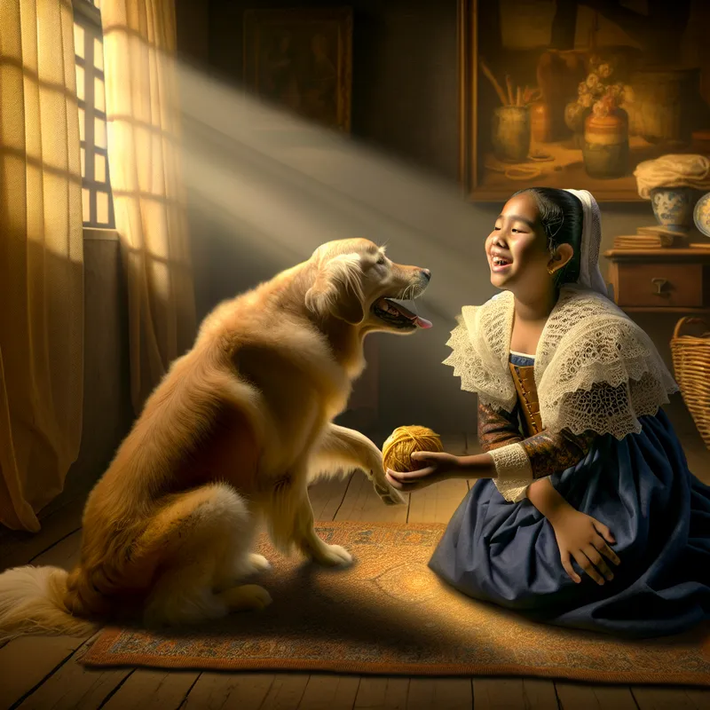 Jong meisje in 17e-eeuwse jurk speelt liefdevol met een gouden retriever in een zonnige kamer, symboliserend een speelkameraadje