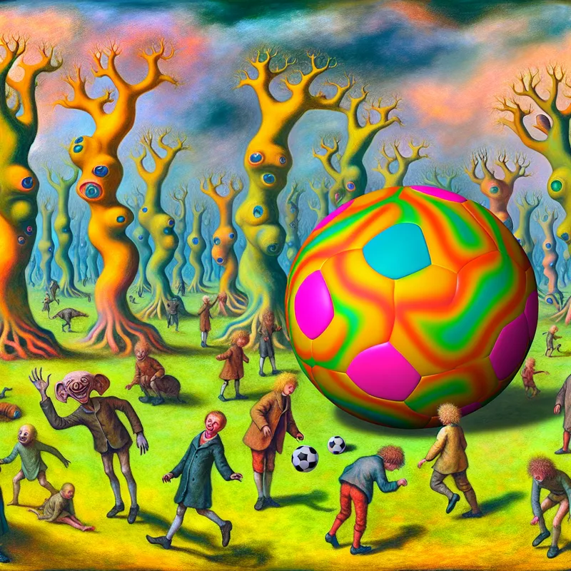 Surrealistische scène met kinderen die spelen met een grote, kleurrijke bal in een park vol vreemde en fantasievolle wezens.