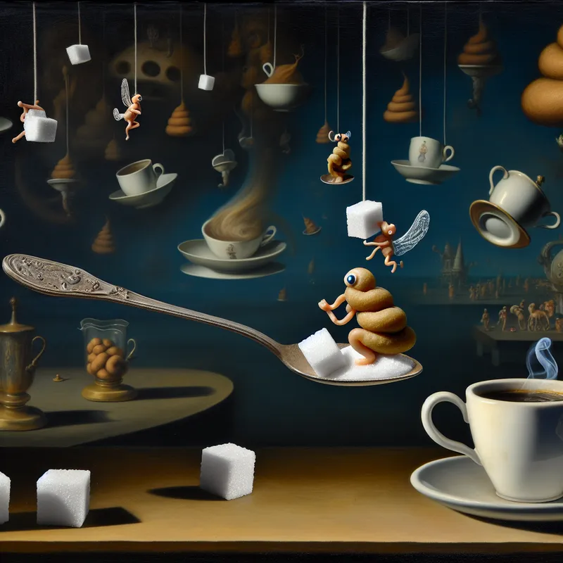 Surrealistisch tafereel van een klein lepeltje met suikerklontjes in de vorm van speelse poepjes boven een dampende kop koffie, in de stijl van Jheronimus Bosch