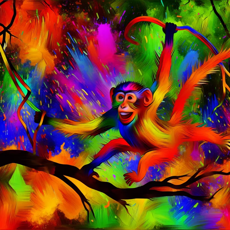 Een speelse aap die energiek van tak naar tak slingert in een kleurrijke jungle, omgeven door felle kleuren en abstracte vormen.
