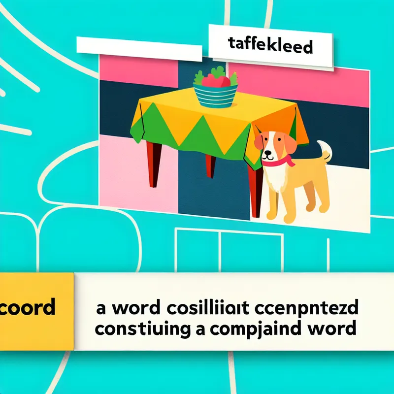 Vrolijke afbeelding van een tafel met een kleurrijk tafelkleed en een vriendelijke hond, die samen het concept van een compoundwoord vertegenwoordigt