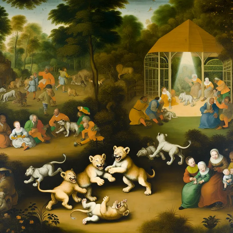 Speelse babyleeuwen die samenfrolicteren in een zooomgeving, met gezinnen en kinderen in de buurt.